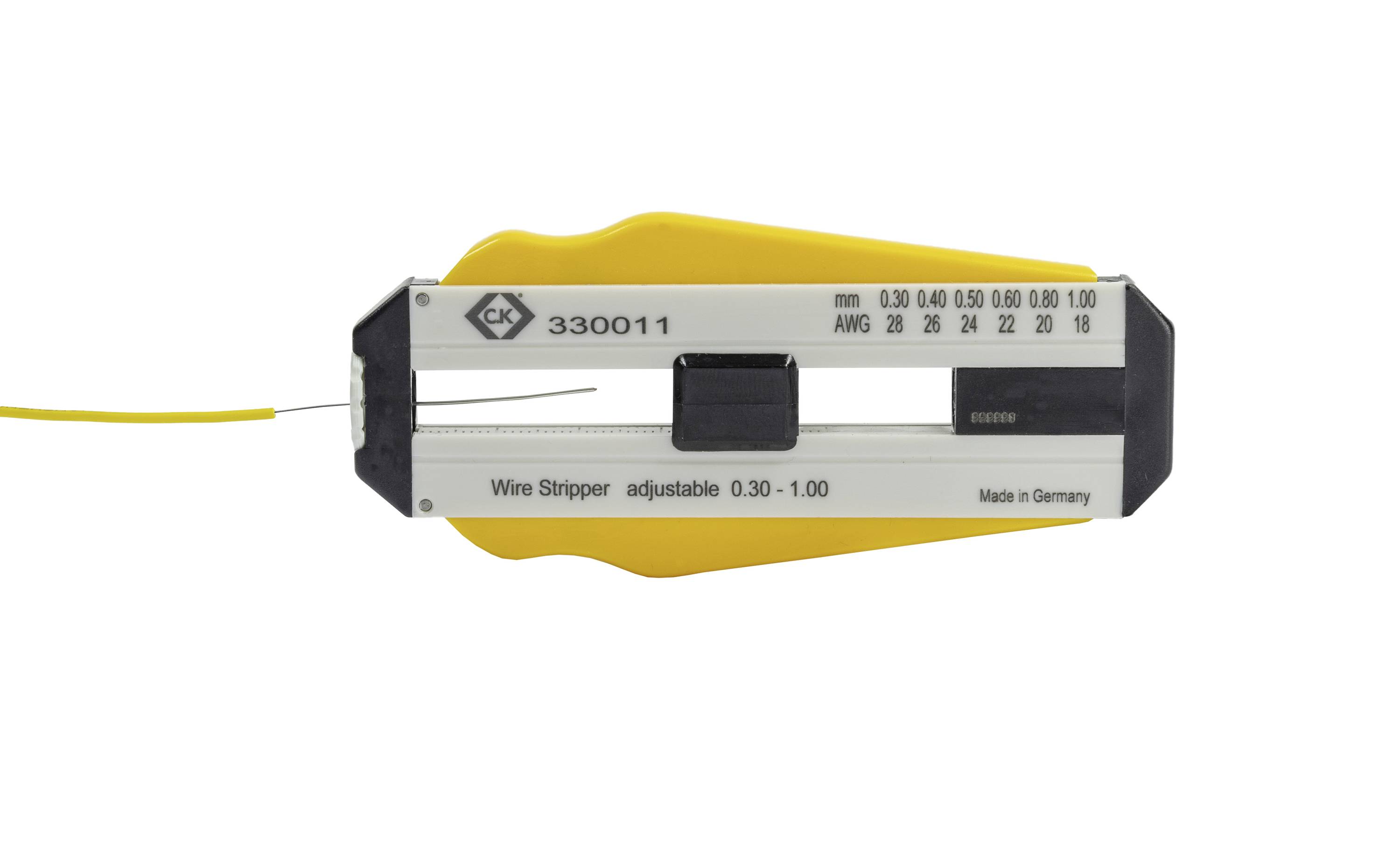 Wire stripping pliers with 0.30 - 1.00 mm settings for stripping wires, yellow-white, with markings indicating German manufacture.
