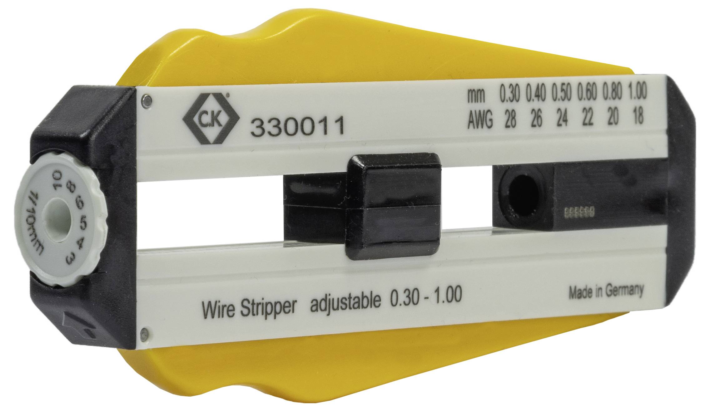 An adjustable wire stripping tool, yellow and black, suitable for wire diameters from 0.30 to 1.00 mm, manufactured in Germany.