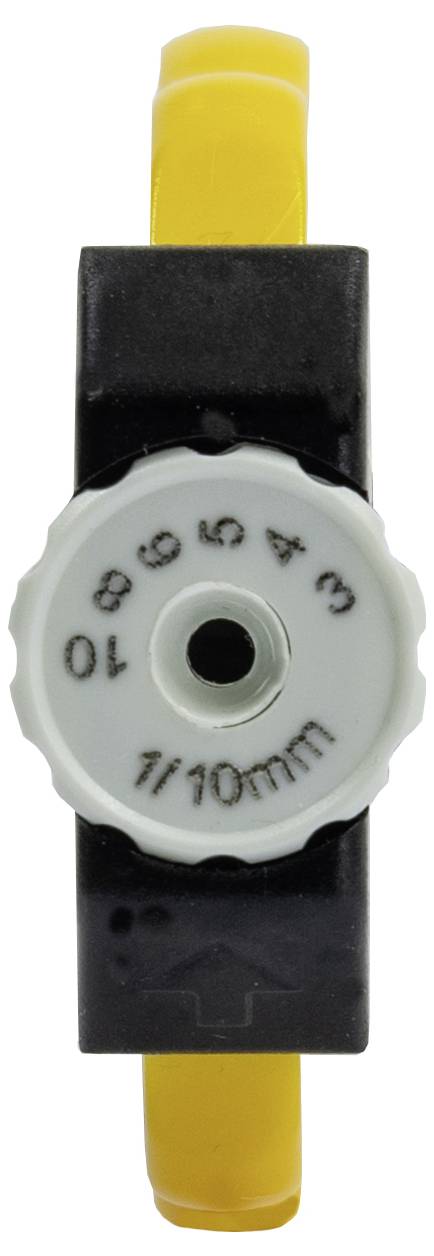 A black plastic switch with a yellow handle and white numbered dial for adjustment, numbers from 0 to 10 are visible, scale in tenths of millimetres.