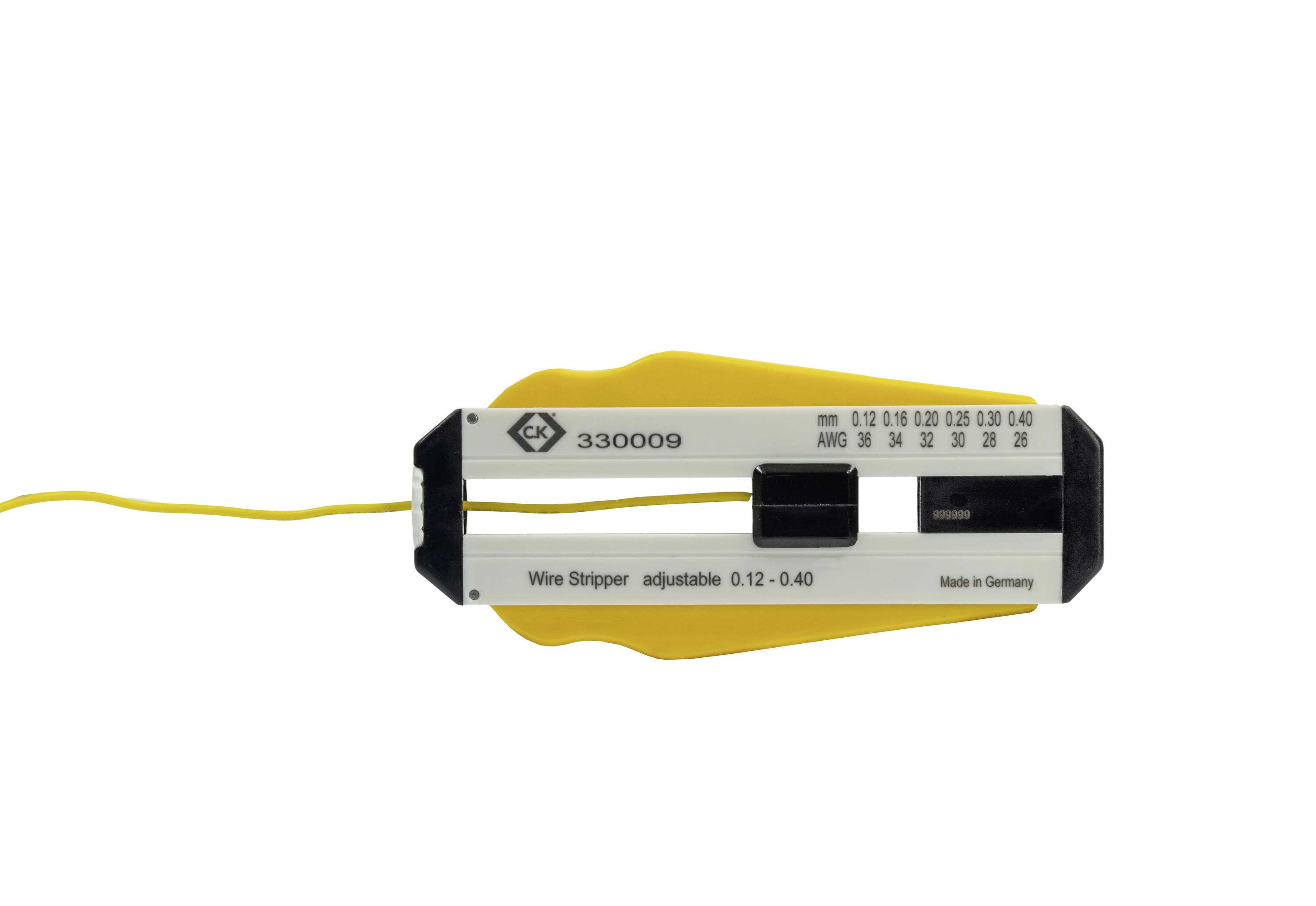 Wire stripper with adjustable scale for wire thicknesses between 0.12 and 0.40 mm. Yellow cable is being stripped.