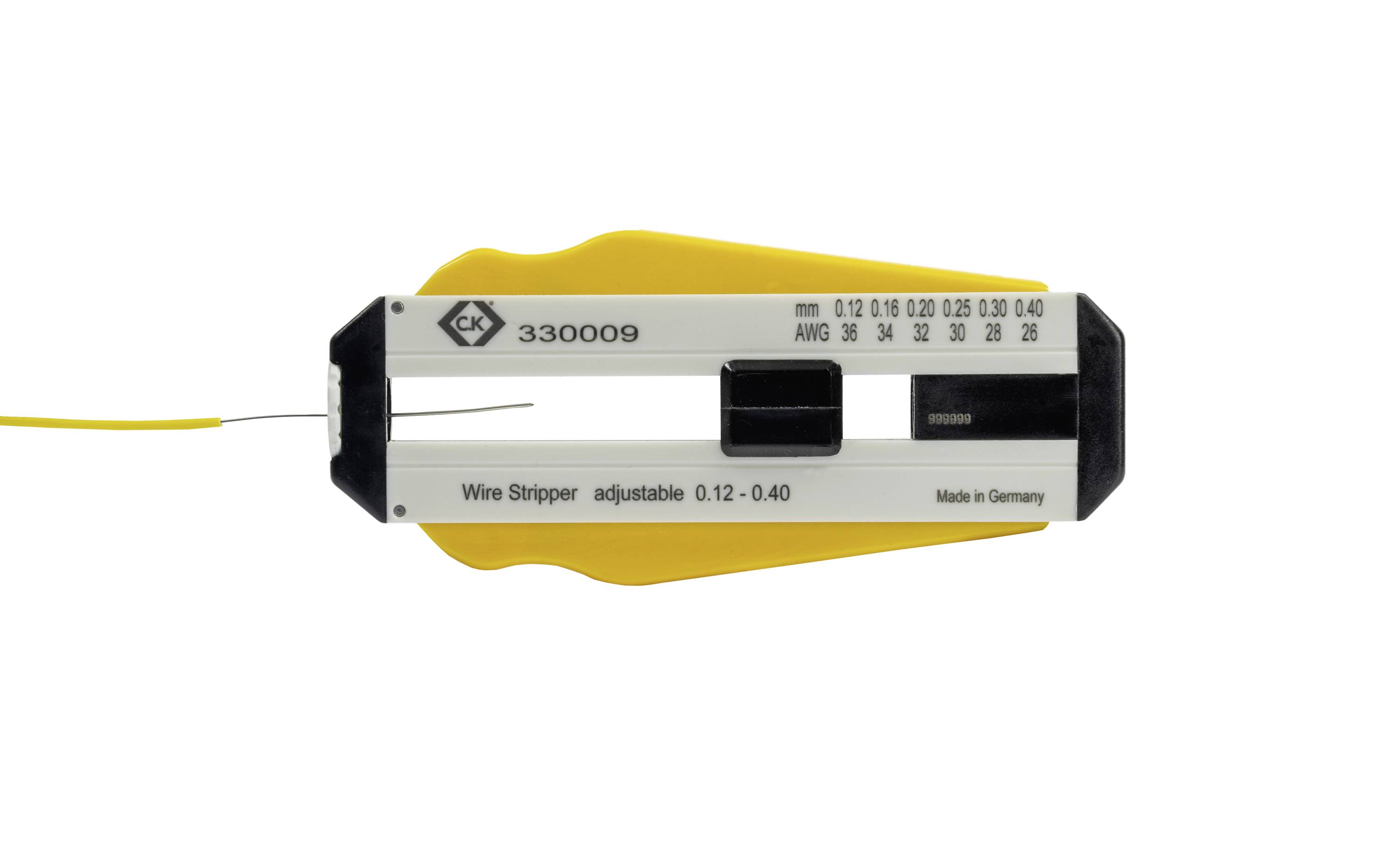 Wire Stripping Pliers in Yellow and Black with Measuring Scale from 0.12 to 0.40. Inscription 'Wire Stripper adjustable 0.12 - 0.40'.