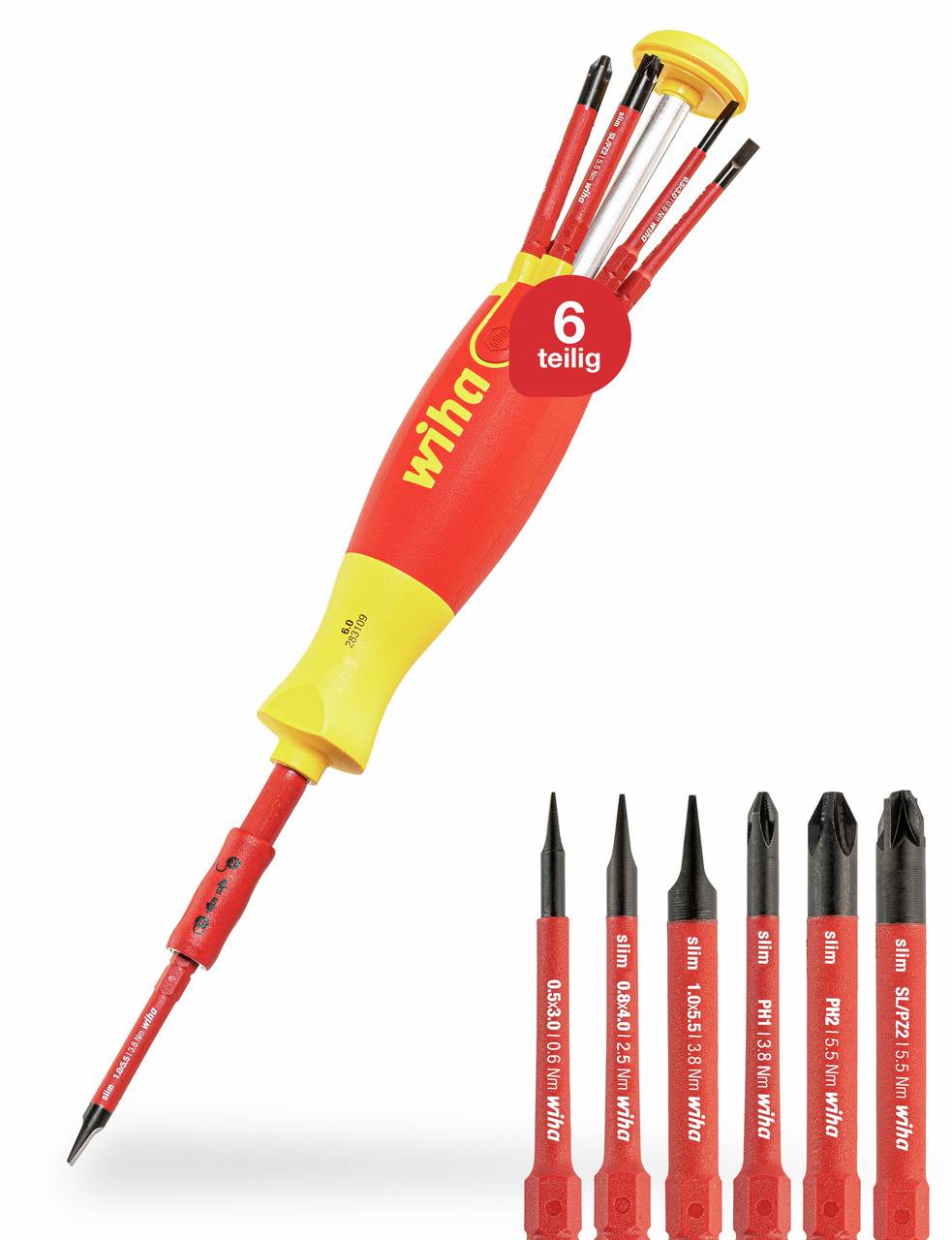 Wiha Screwdriver Set, 6-piece, with Interchangeable Blades. Contains Various Bit Sizes, Main Image Shows Handle with Inserted Bit.