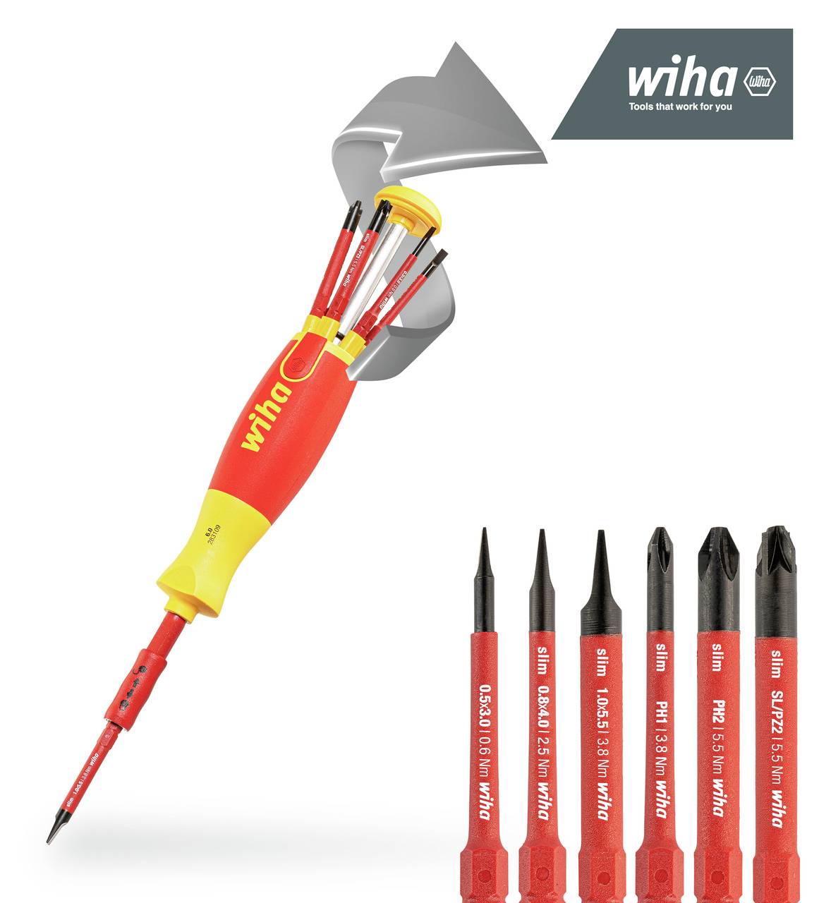 A Wiha screwdriver with interchangeable bits in various sizes. Six replacement bits are arranged side by side underneath.