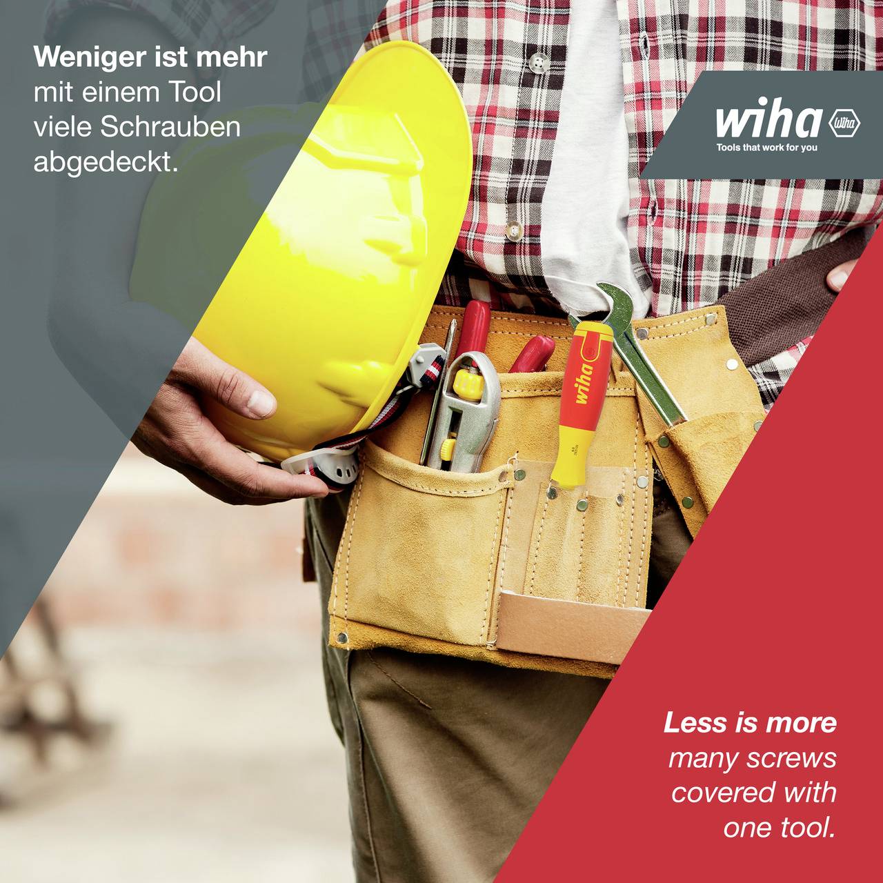 A person is holding a yellow helmet and a tool belt with tools. Text: 'Less is more, with one tool covering many screws.'