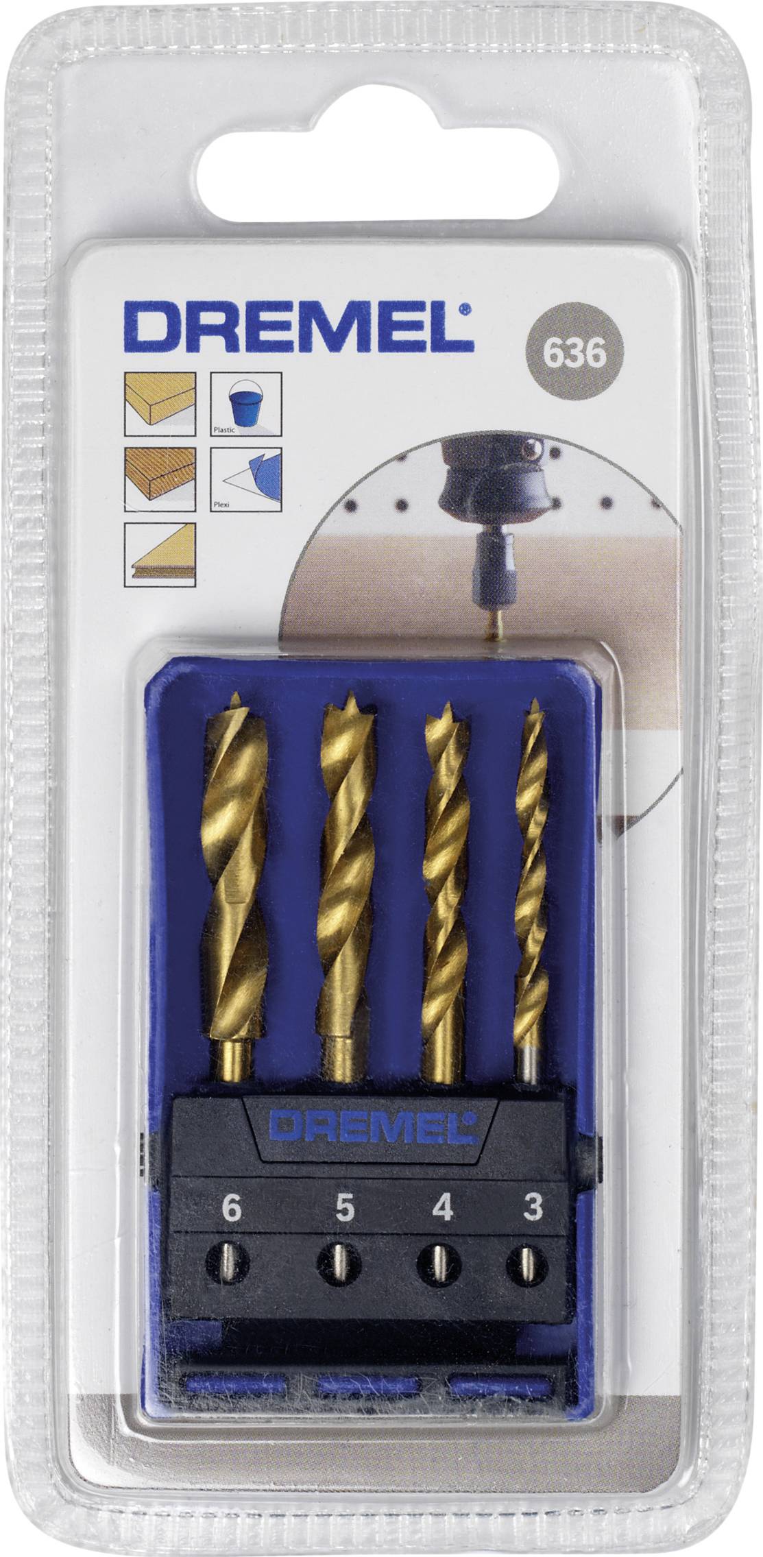 Drill bit set with four metal drill bits, numbered from 3 to 6, in a plastic packaging. Suitable for use on wood, metal and plastic.