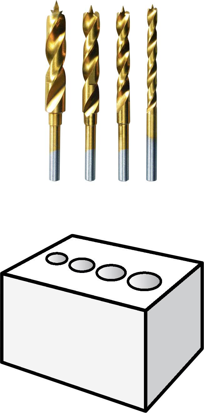 Four golden drill bits of varying sizes against a white background, alongside a representation of a block with four drill holes.