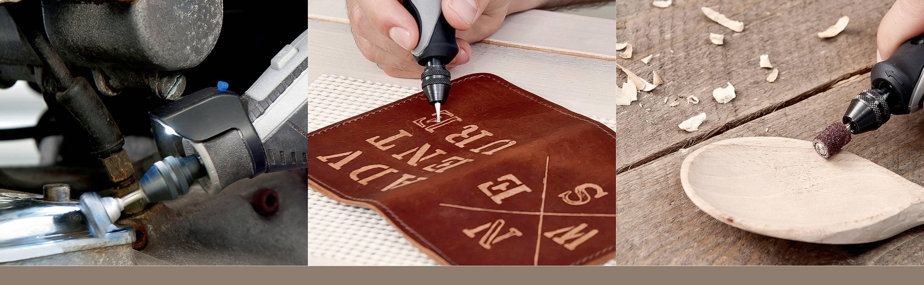 'Three Pictures: 1. Grinding Work on Metal. 2. Engraving Leather with Letters. 3. Sanding a Wooden Spoon.'
