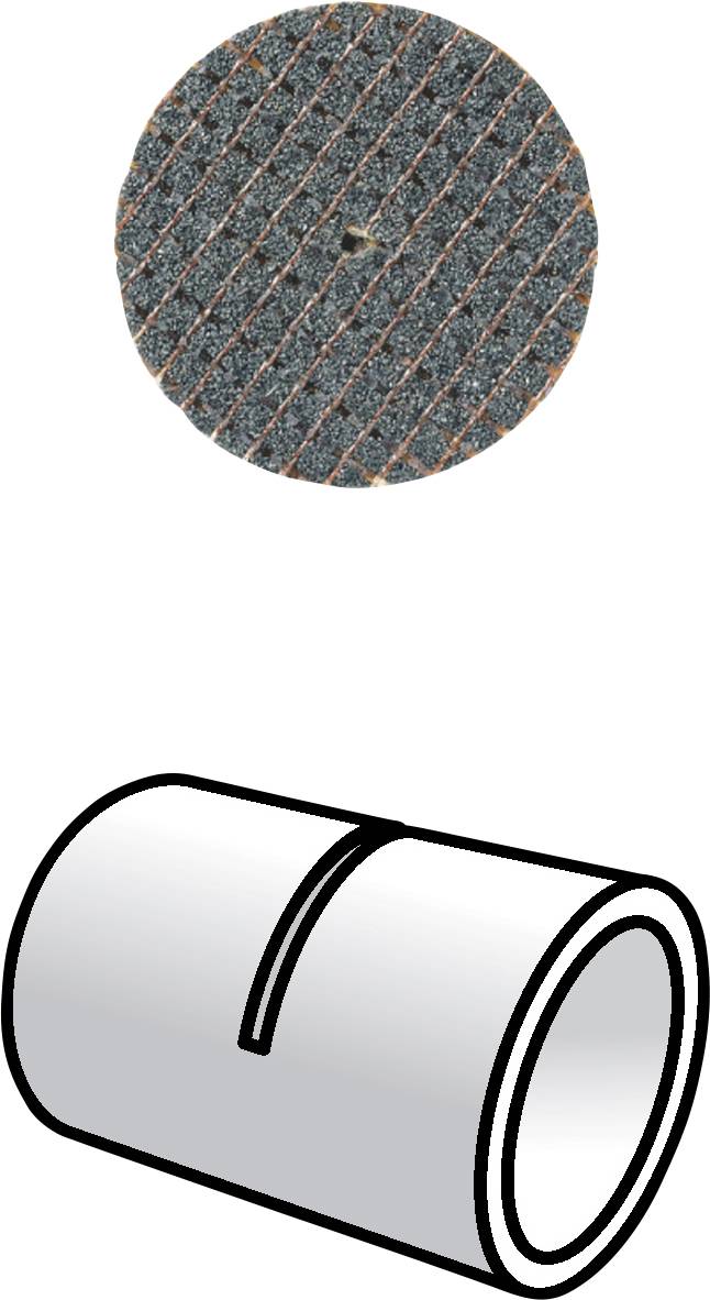 Grinding wheel and metal tube: The grinding wheel is circular with grooves; the tube is cylindrical with a narrow slot.