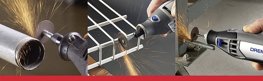 Three images show the application of a Dremel tool: cutting a metal pipe, a wire mesh, and machining a metal part with sparks flying.