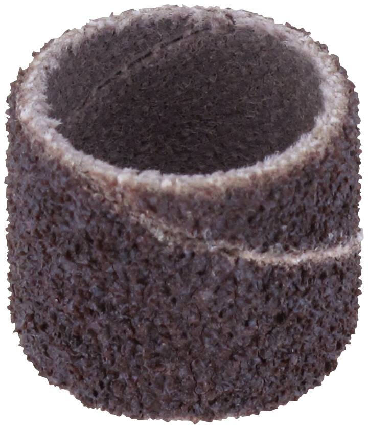 Brown abrasive sanding ring made of sandpaper, cylindrical and rough, used for surface processing in crafting work.