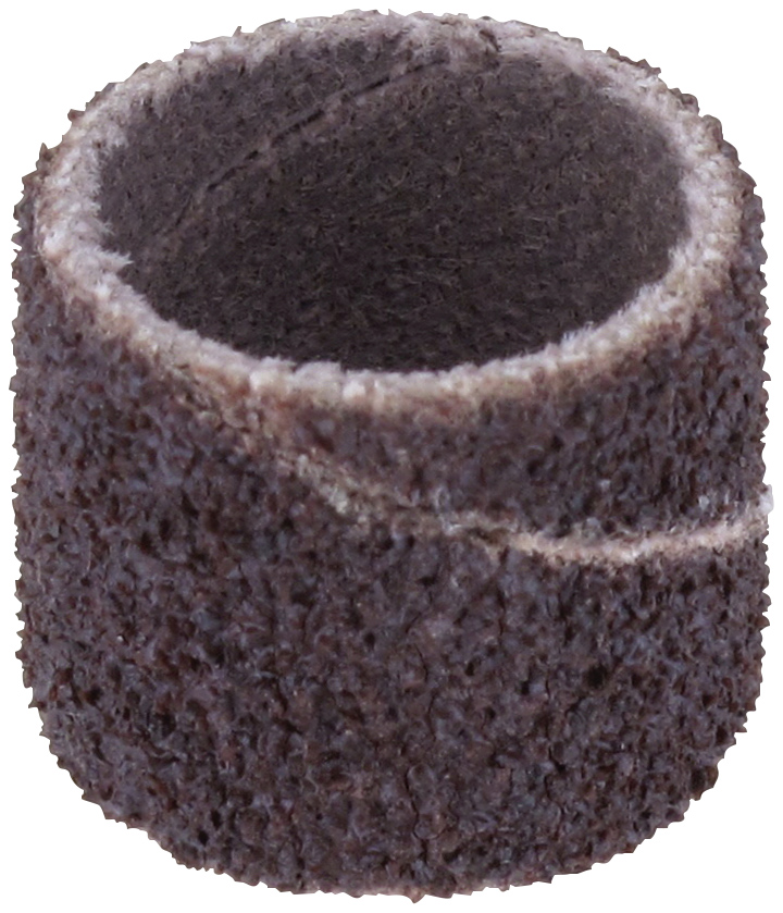 Brown abrasive sanding ring made of sandpaper, cylindrical and rough, used for surface processing in crafting work.
