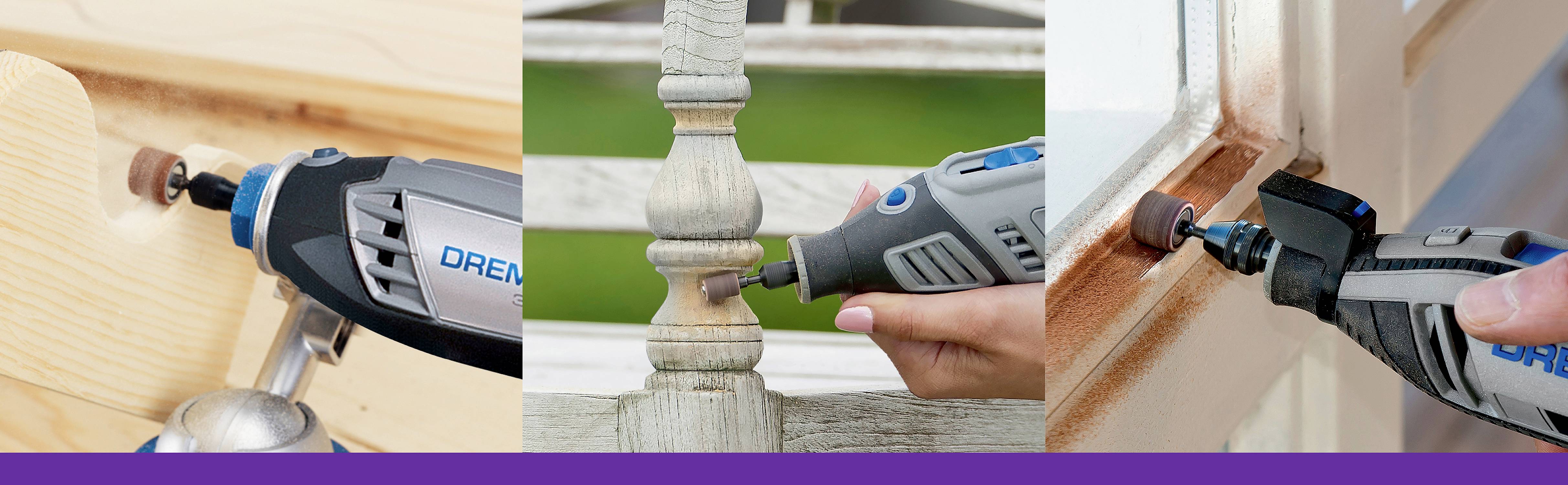 'Dremel tool is used for sanding wood. On the left it sands rough edges, in the middle a wooden column, on the right window frames.'