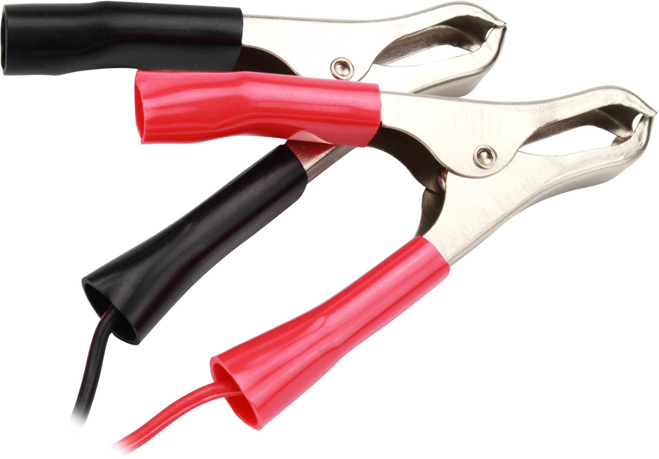 Two crocodile clips, one red and one black, are used to establish or test electrical connections.