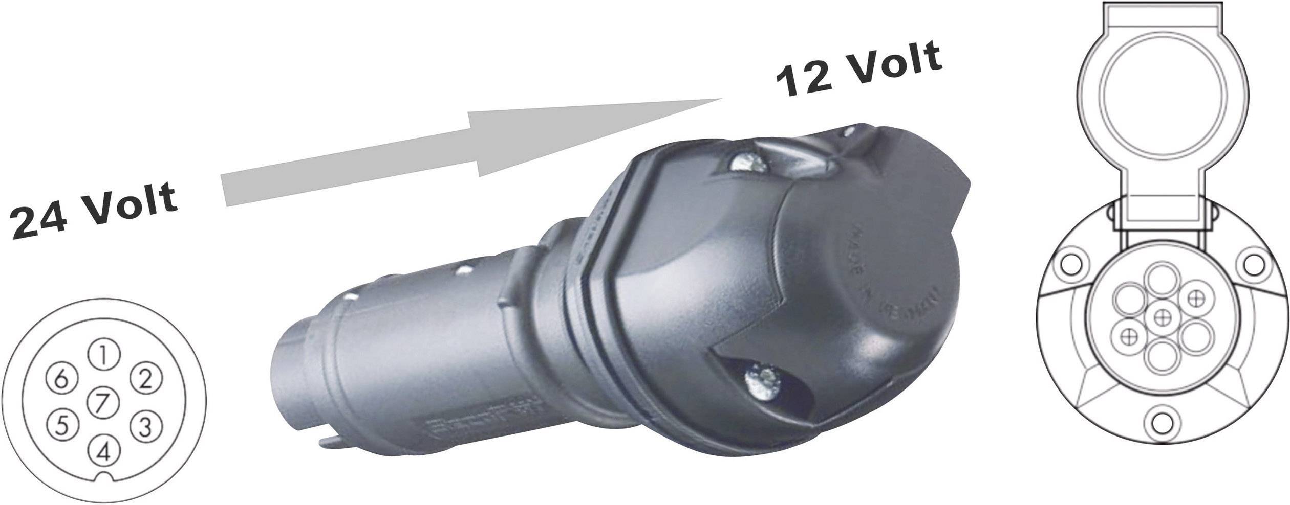 'Adapter Plug 24 Volt to 12 Volt' shows the conversion of a 7-pin plug from 24 volts to 12 volts with connection diagrams.