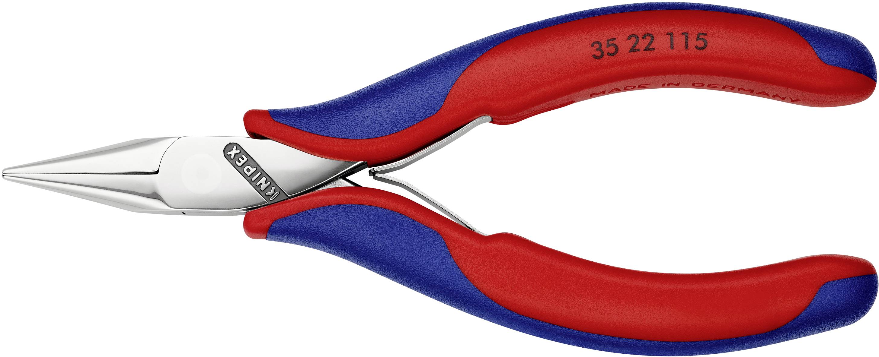 A red and blue pointed pliers with the brand name 'Knipex' engraved on the metal. Suitable for precise work.
