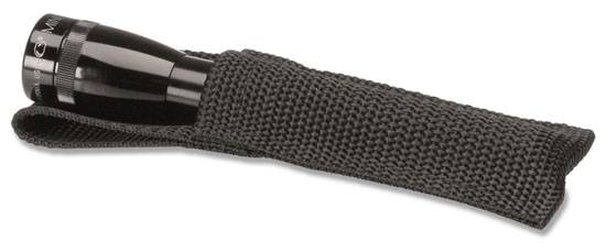 'Black torch in a rough, black fabric case.'