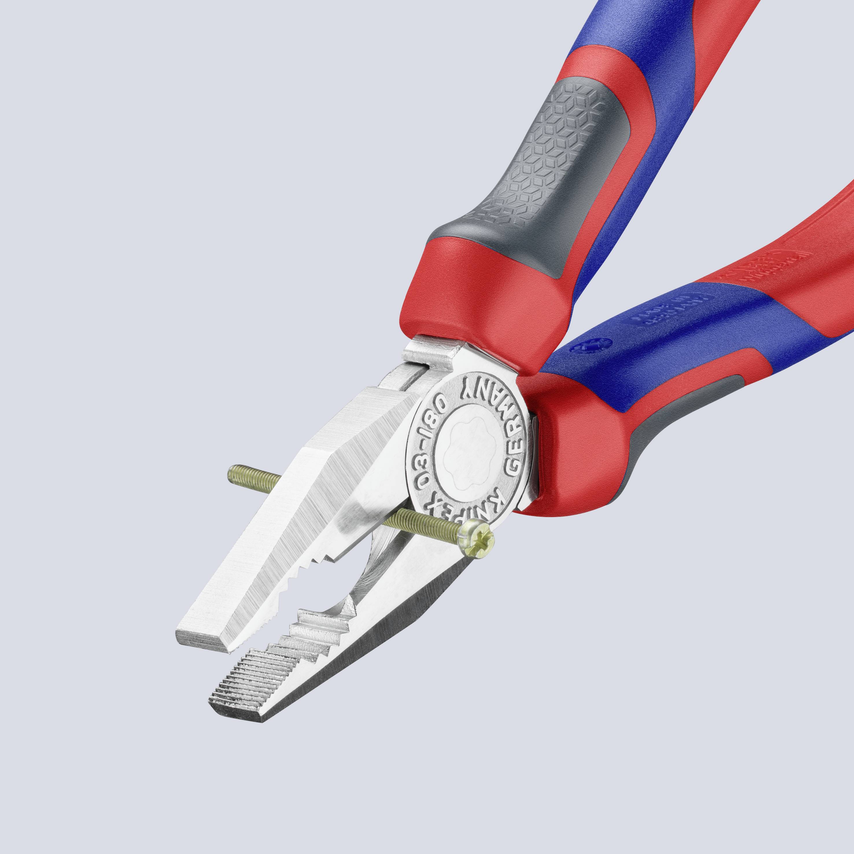 A multi-coloured pliers with a non-slip grip and serrated jaws, suitable for cable work and general repairs.