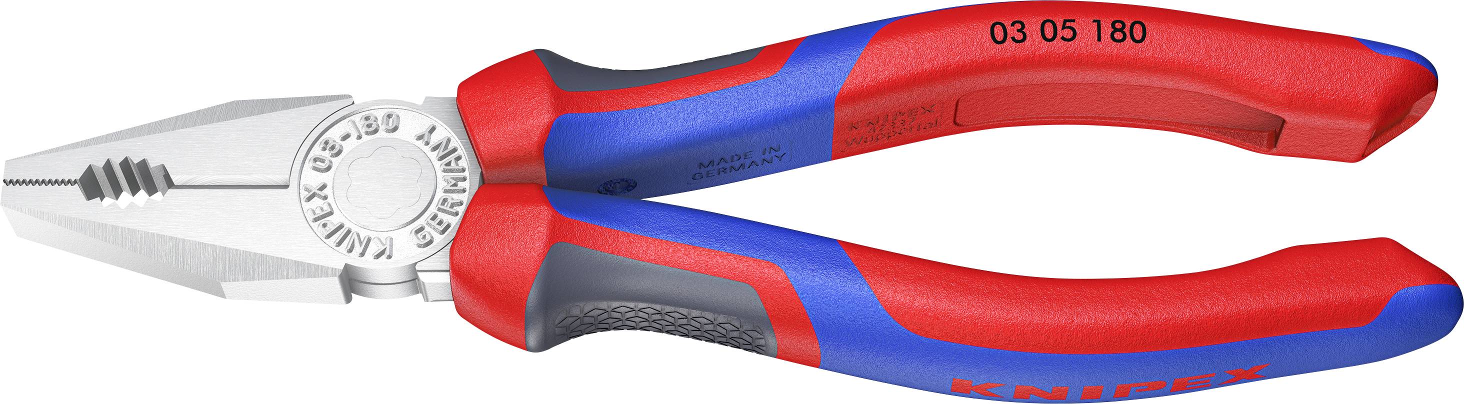 A combination pliers with red and blue handles, suitable for gripping, holding, and cutting wires or other materials.