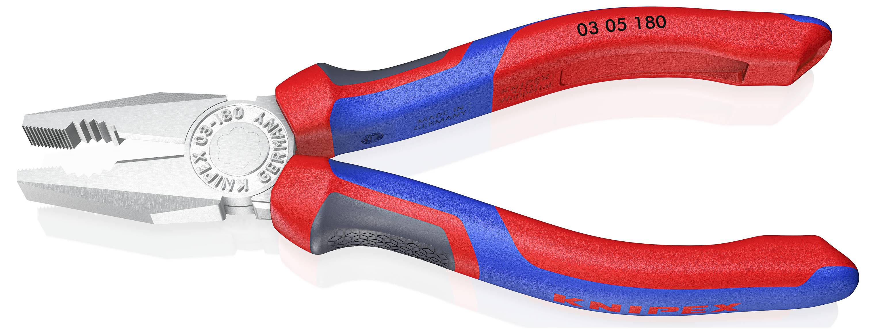 A red and blue combination pliers by Knipex with toothed gripping jaws and cutting surface. Suitable for versatile applications.