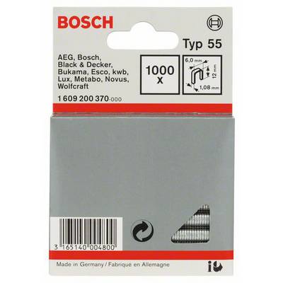 Packaging of Bosch Nails Type 55, 1000 Pieces. Compatible with Brands such as AEG, Black & Decker, Metabo. Manufactured in Germany.
