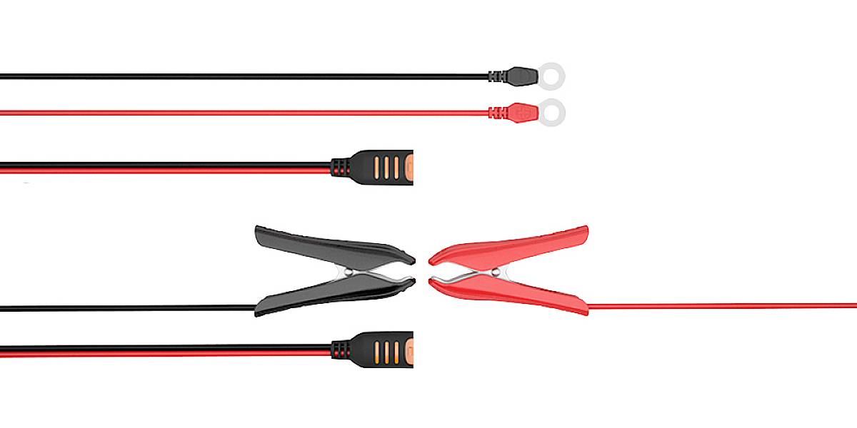 Red and black cables with clips, suitable for connecting batteries or other electrical devices.