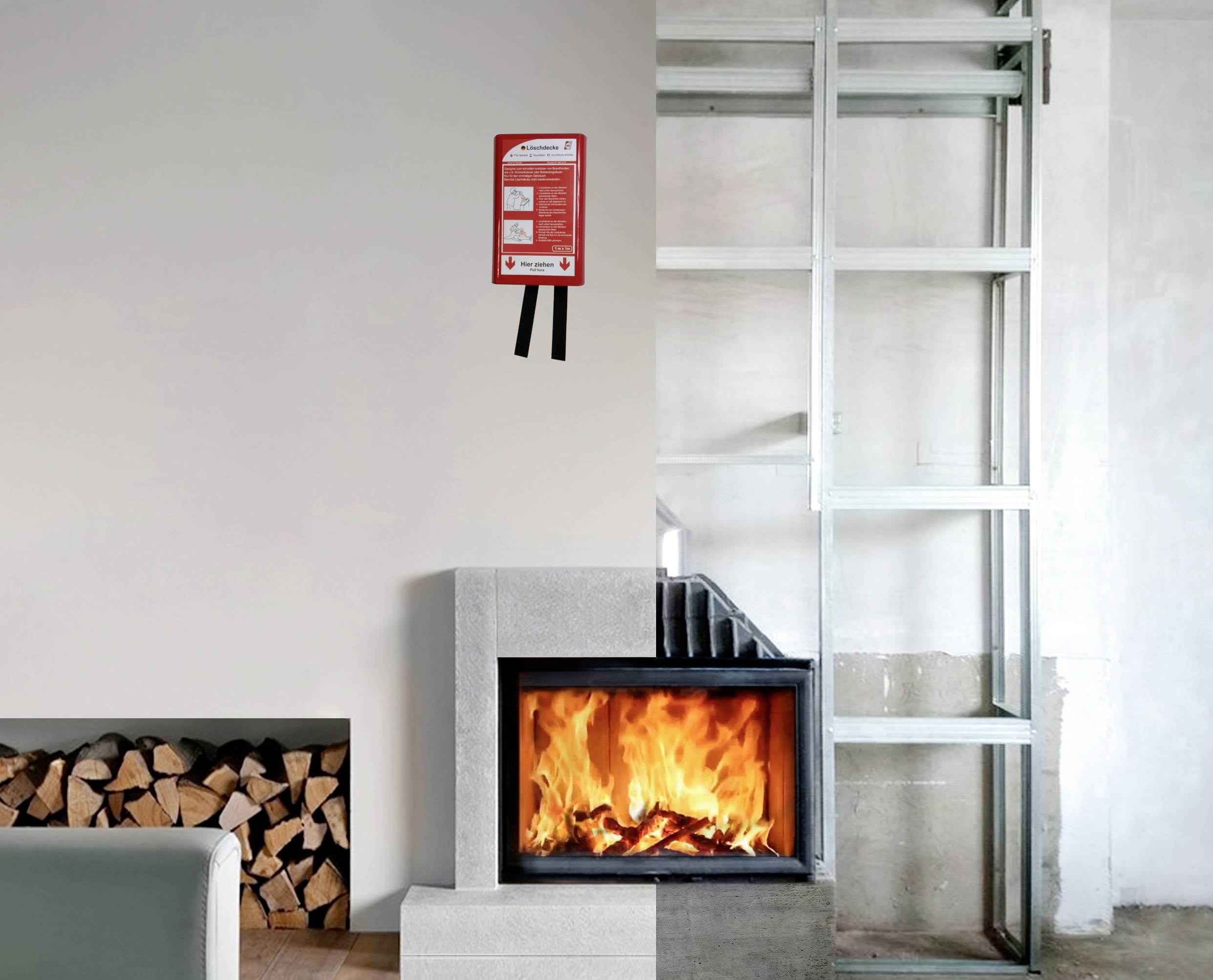 A modern fireplace with a burning fire, with a stack of wood beside it. A red fire extinguisher sign hangs on the wall.