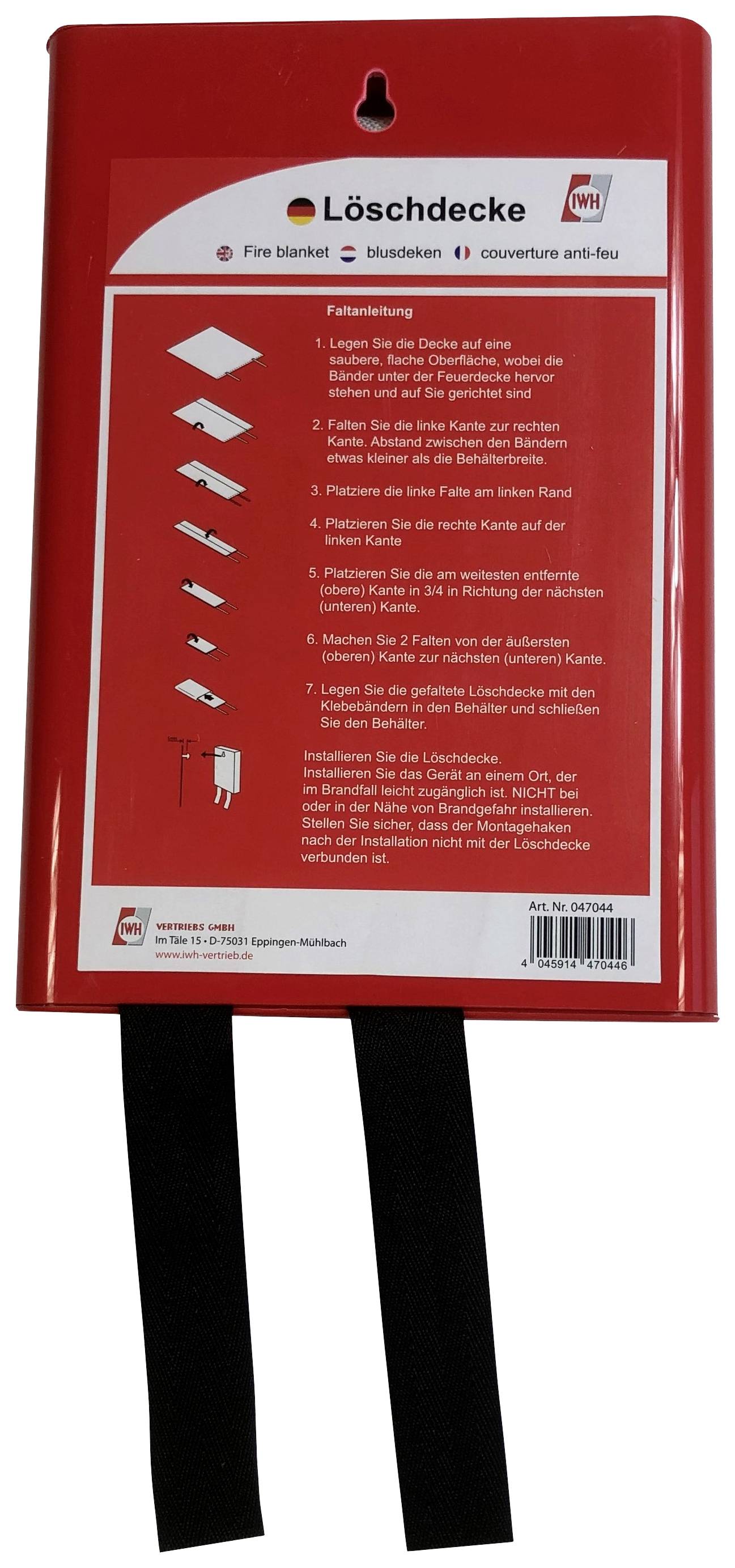 Red box with the inscription 'Fire Blanket' and instructions for use. Black straps are protruding. Suitable for fire extinguishing.