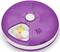 Lila medication dispenser with five compartments, one of which is open and displays three colourful tablets.