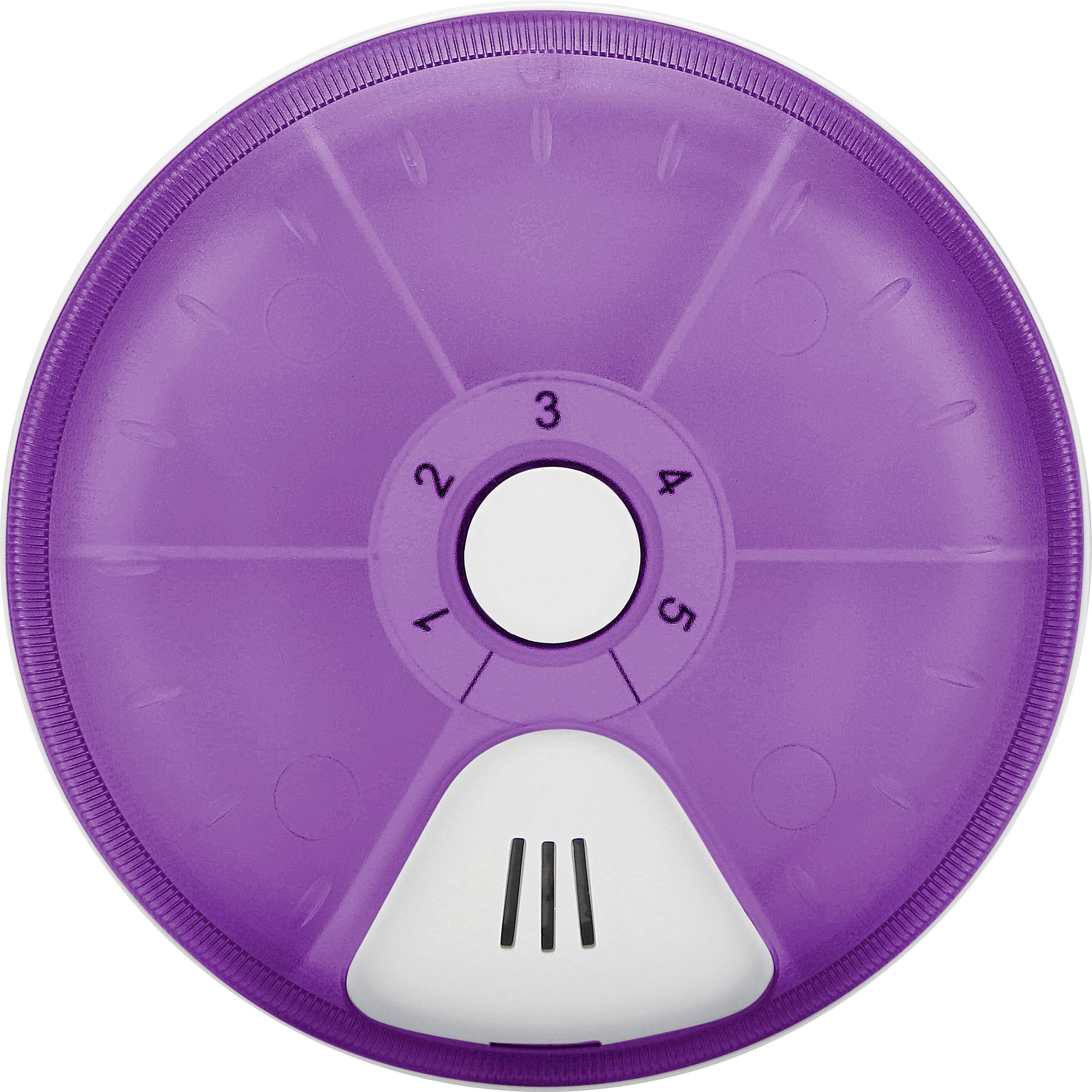 Lilac rotary switch with numbers from 1 to 5, white marker pointing to 3.