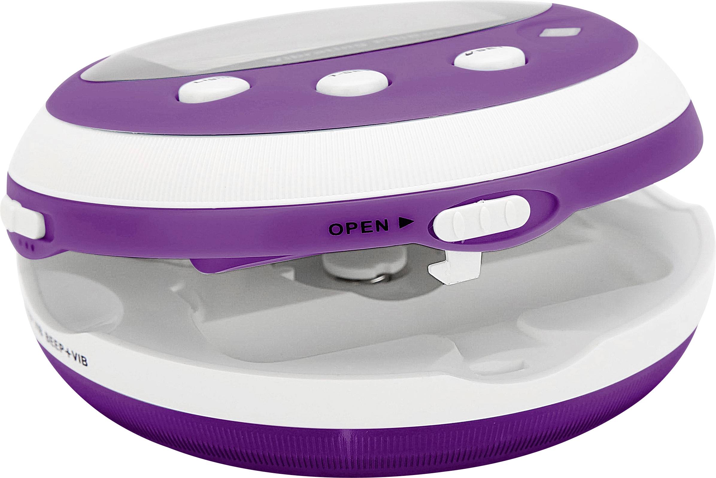 A purple and white, round device, likely a portable CD player, with buttons on the top and a sliding switch for opening.