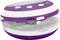 A purple and white, round device, likely a portable CD player, with buttons on the top and a sliding switch for opening.