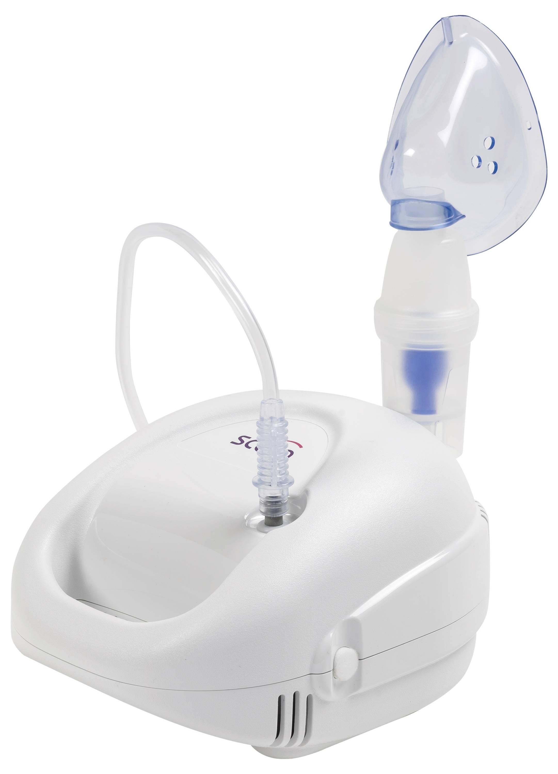 A white nebulizer with a clear mask attached, designed for respiratory treatment.