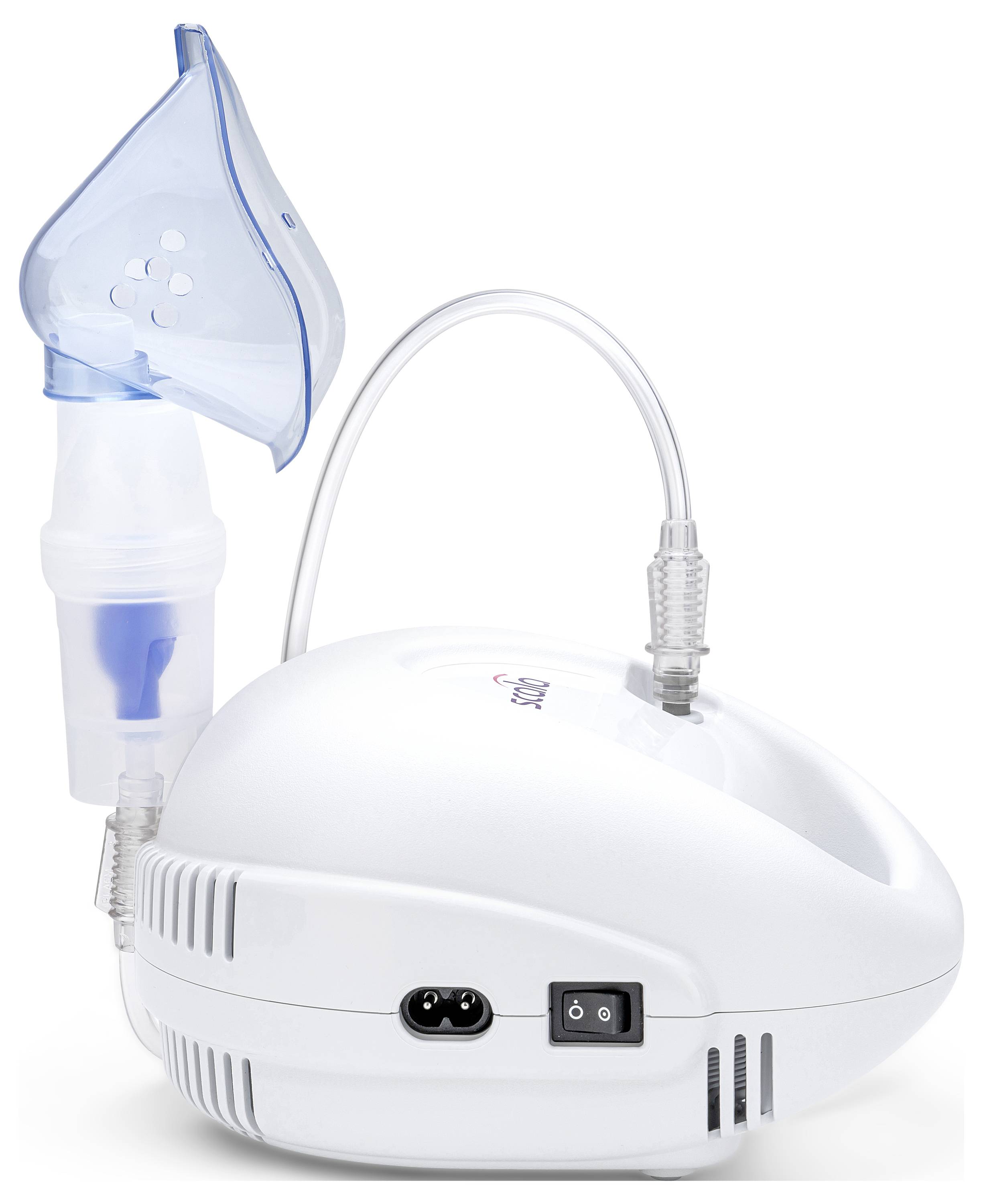 A white nebulizer machine with a blue face mask attached via a tube, featuring a power switch and electrical plug socket.