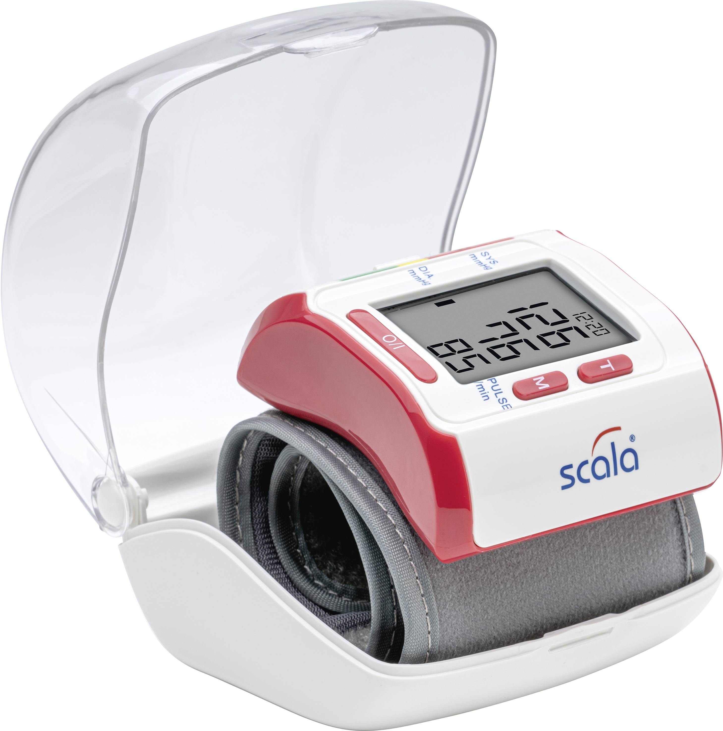 Wrist blood pressure monitor in an open case, with digital display for systolic and diastolic readings as well as pulse rate.