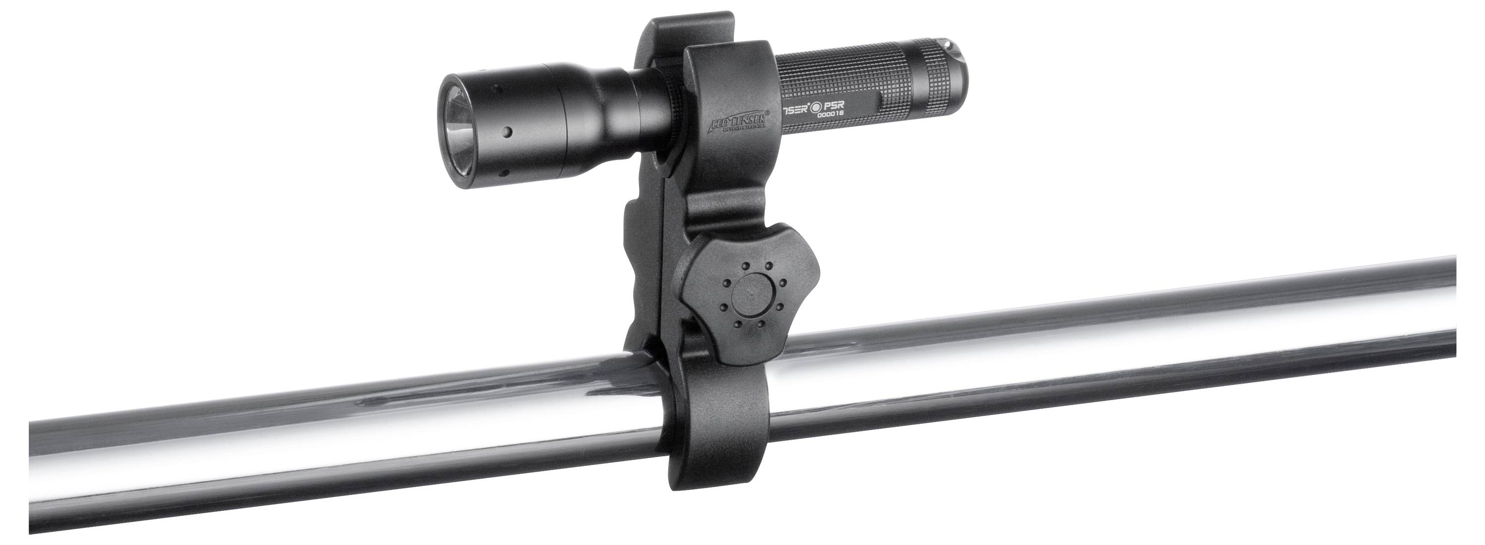 Torch holder mounted on a pole, with a small torch secured in place.<br><br>Note: In British English, "torch" is used instead of "flashlight", which is more common in American English. The translation maintains the original meaning and technical description.