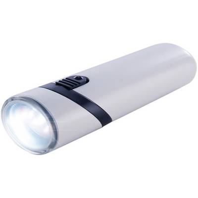 Torch with light switched on; cylindrical shape, white with black switch, illuminated lens pointing to the left.