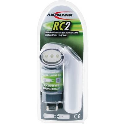 A rechargeable LED torch by Ansmann, model 'RC2', with a rotatable head and USB port, packaged in a blister pack.