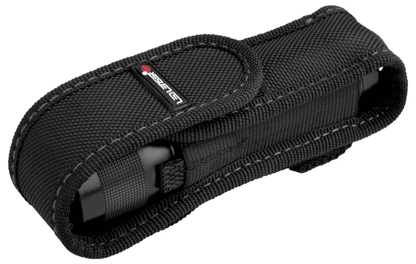 Black pocket knife pouch with hook and loop fastener, made of durable material and featuring the brand logo on the front.