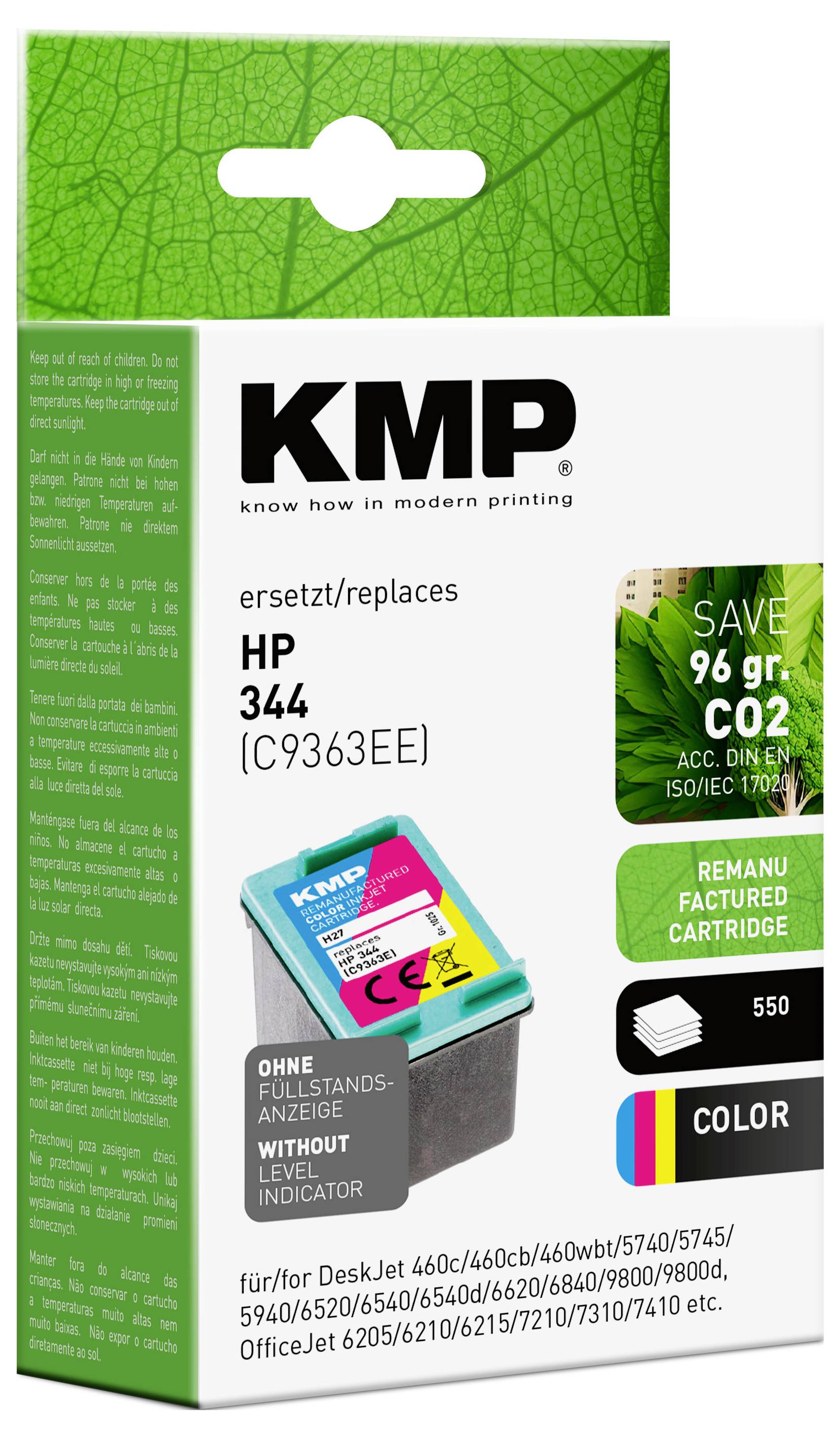 KMP ink cartridge, replaces HP 344 (C9363EE), for various HP printer models. Color: Color. Saves 96 g CO2.
