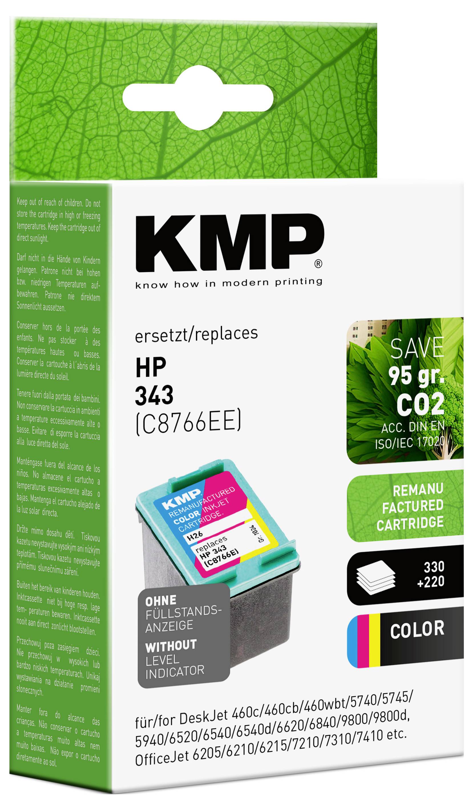 KMP ink cartridge replaces HP 343, saves 95 g CO2, color, for specific HP DeskJet models, environmentally friendly packaging.