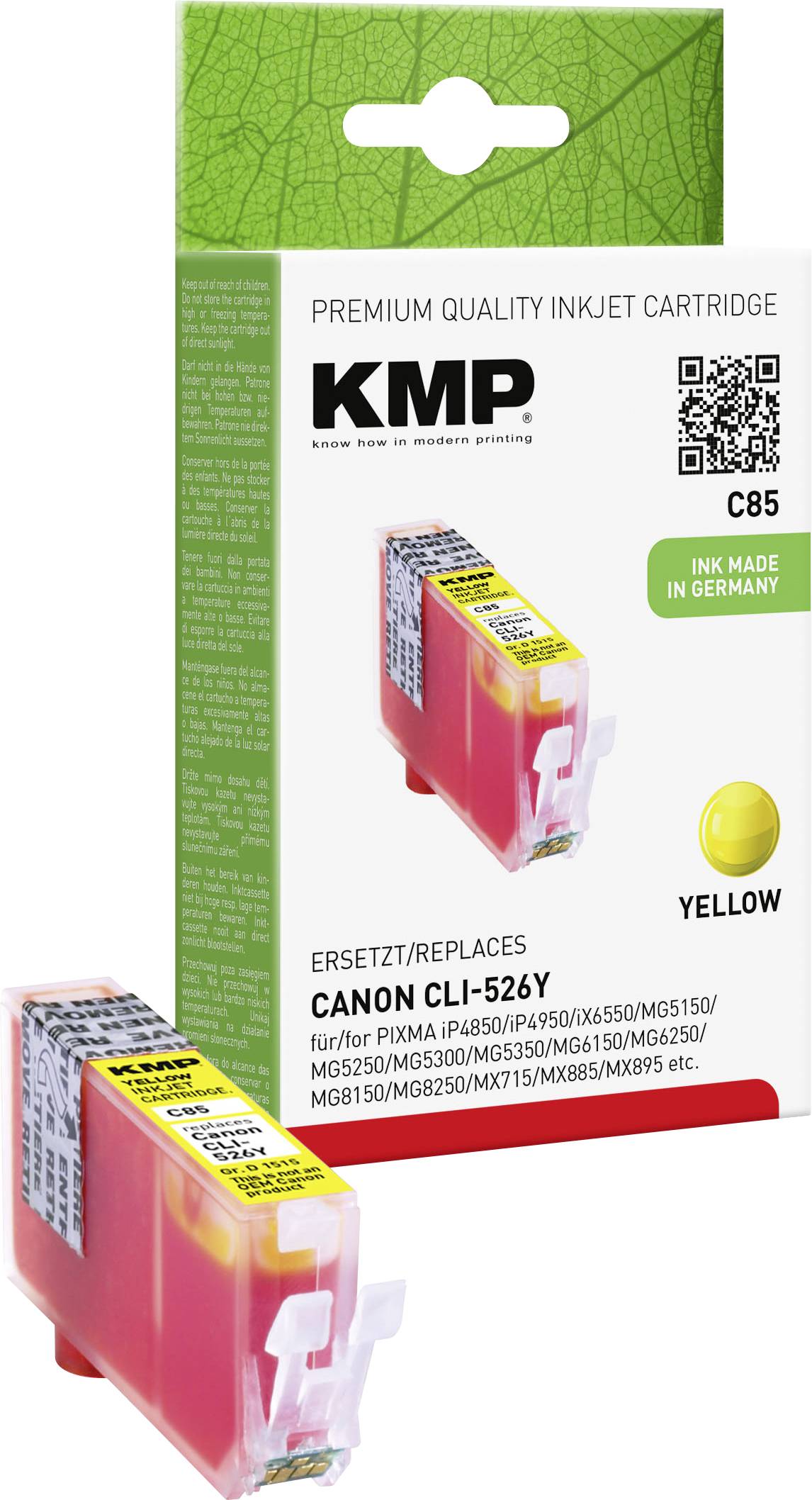 'Yellow Canon CLI-526Y ink cartridge by KMP, premium quality, replaces Canon CLI-526Y, manufactured in Germany.'