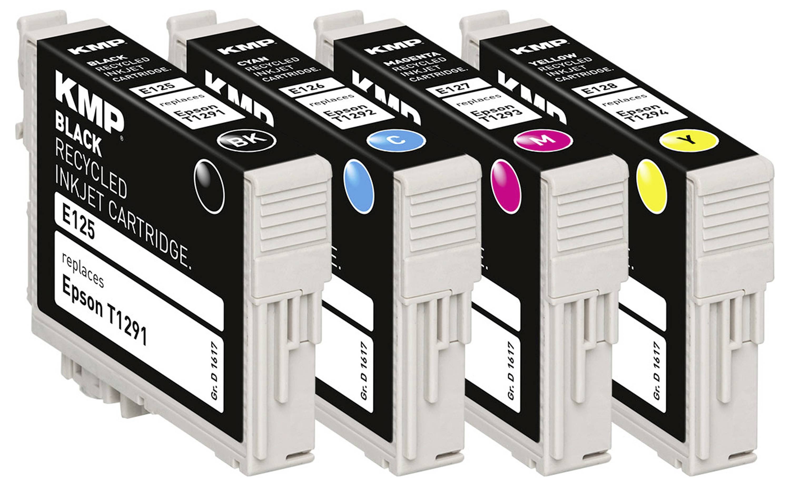 'Five ink cartridges labeled KMP' stand in a row, featuring black, cyan, magenta, yellow, and black text indicating they are recycled.