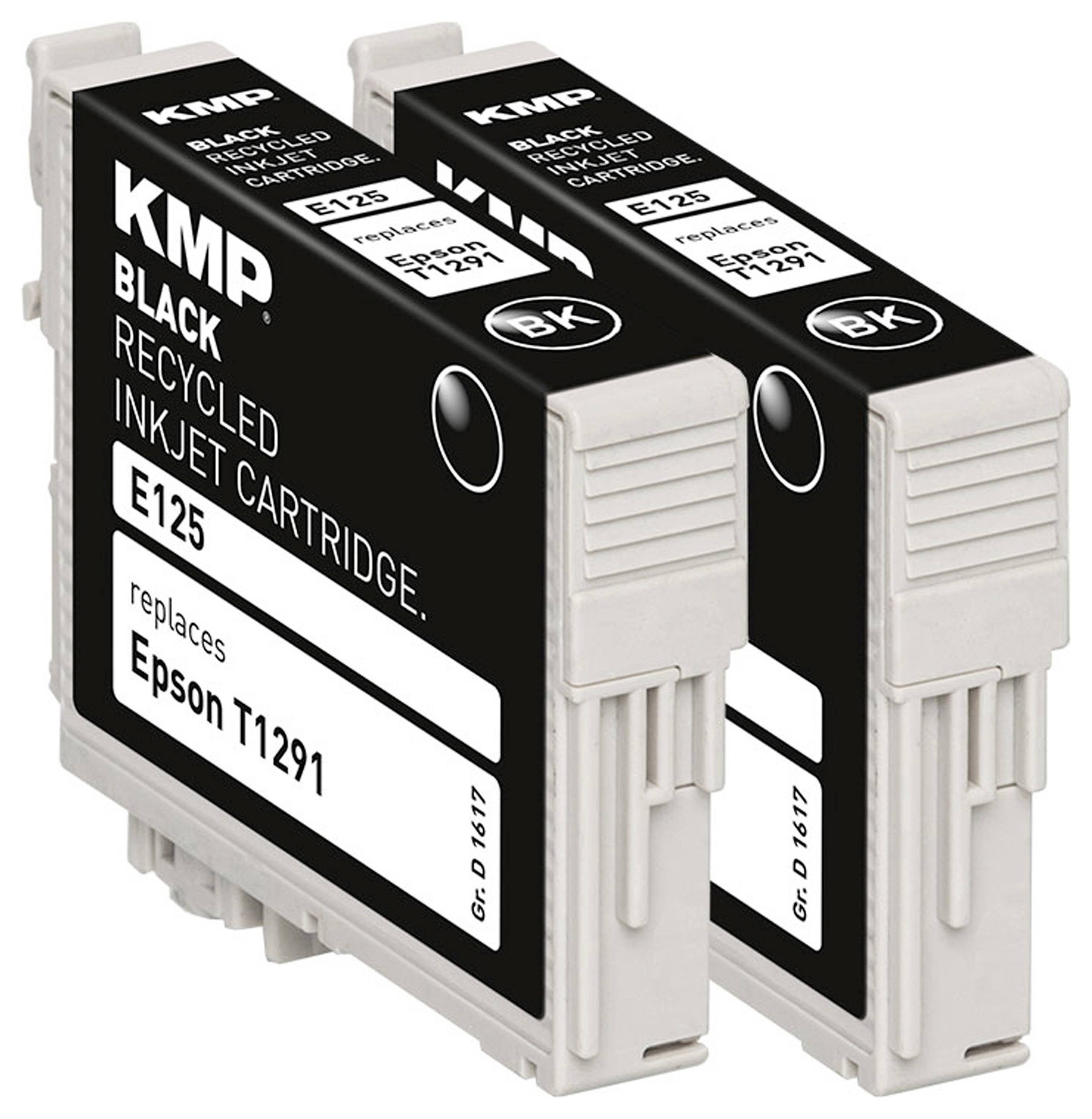 Two KMP black recycled inkjet cartridges labeled 'E125', compatible with Epson T1291 printers.