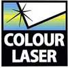 'Colour Laser' logo featuring a stylised laser beam against a background of blue and yellow stripes.