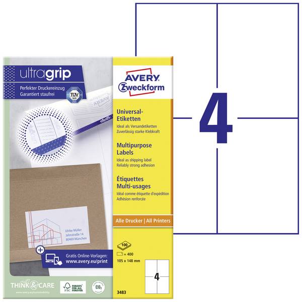 Avery-Zweckform 3483 All-purpose labels 105 x 148 mm Paper White 400 pc(s) Permanent adhesive Inkjet printer, Laser printer, Laser, colour, Copier, Colour copier, Manual labeling