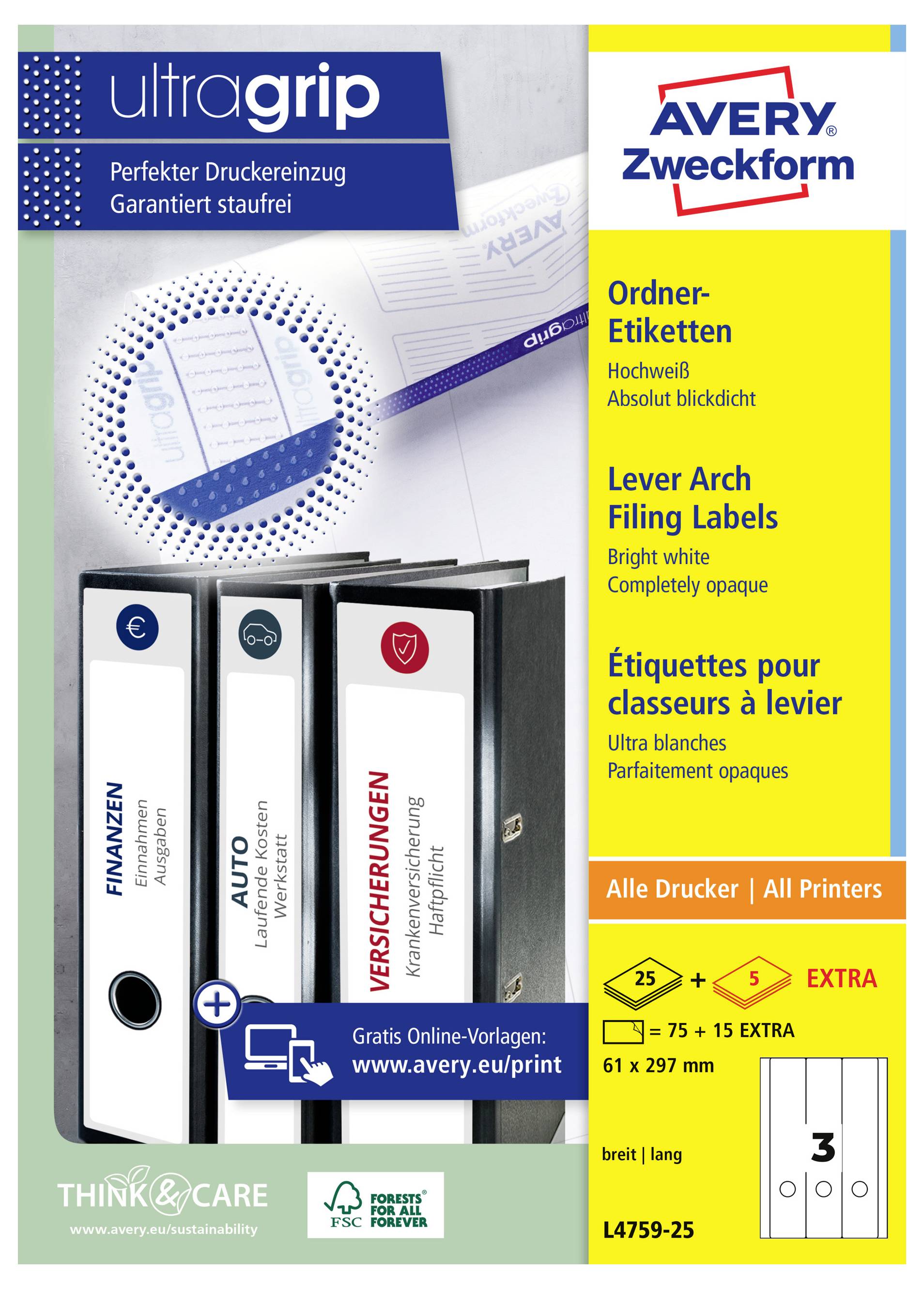 Avery Zweckform 'ultragrip' lever-arch filing labels for all printers; extra-opaque, high-opacity labels, 61 x 297 mm, product code L4759-25.