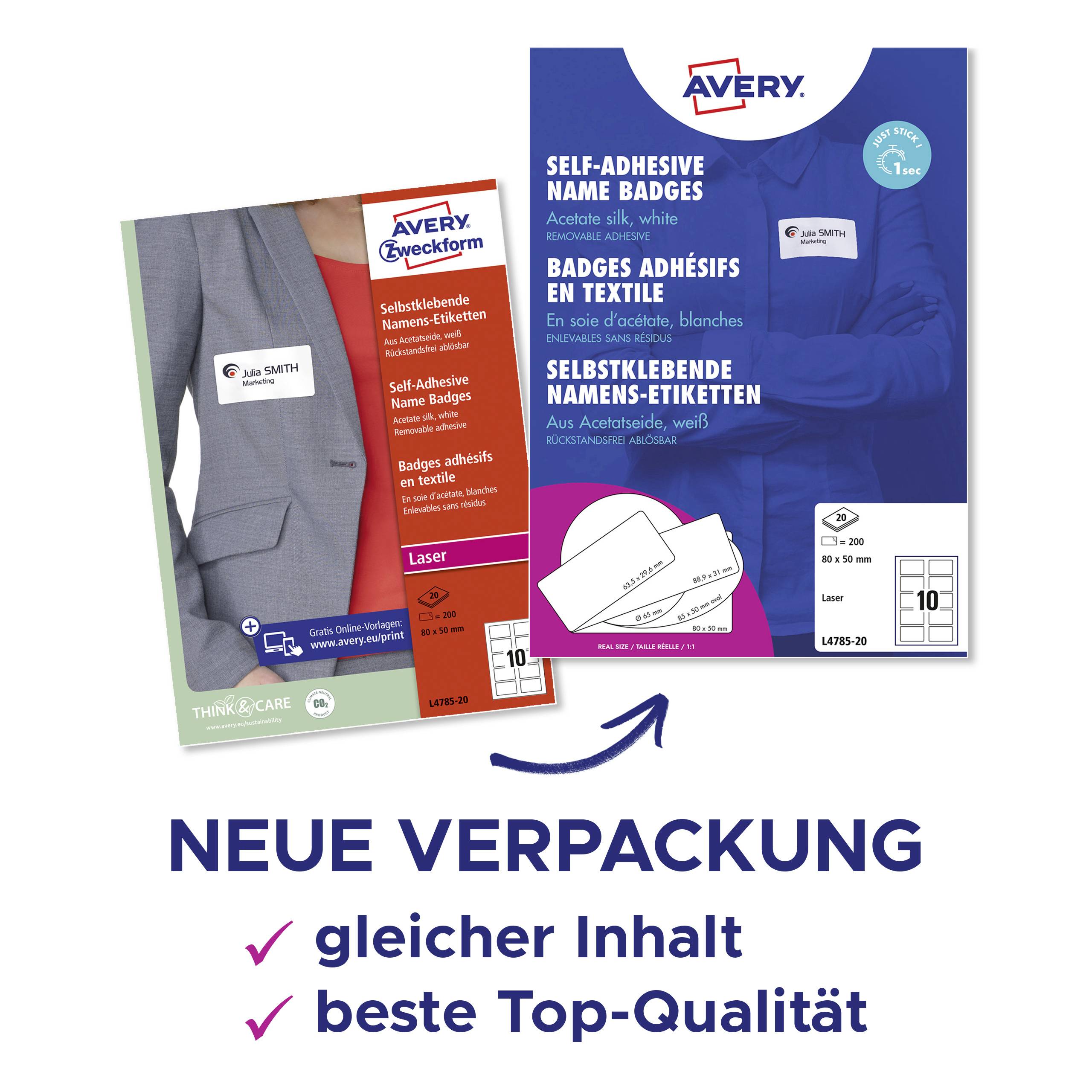 Avery-Zweckform L4785-20 Name stickers 80 x 50 mm Acetate silk White 200 pc(s) Removable Laser, colour, Laser printer, M-14