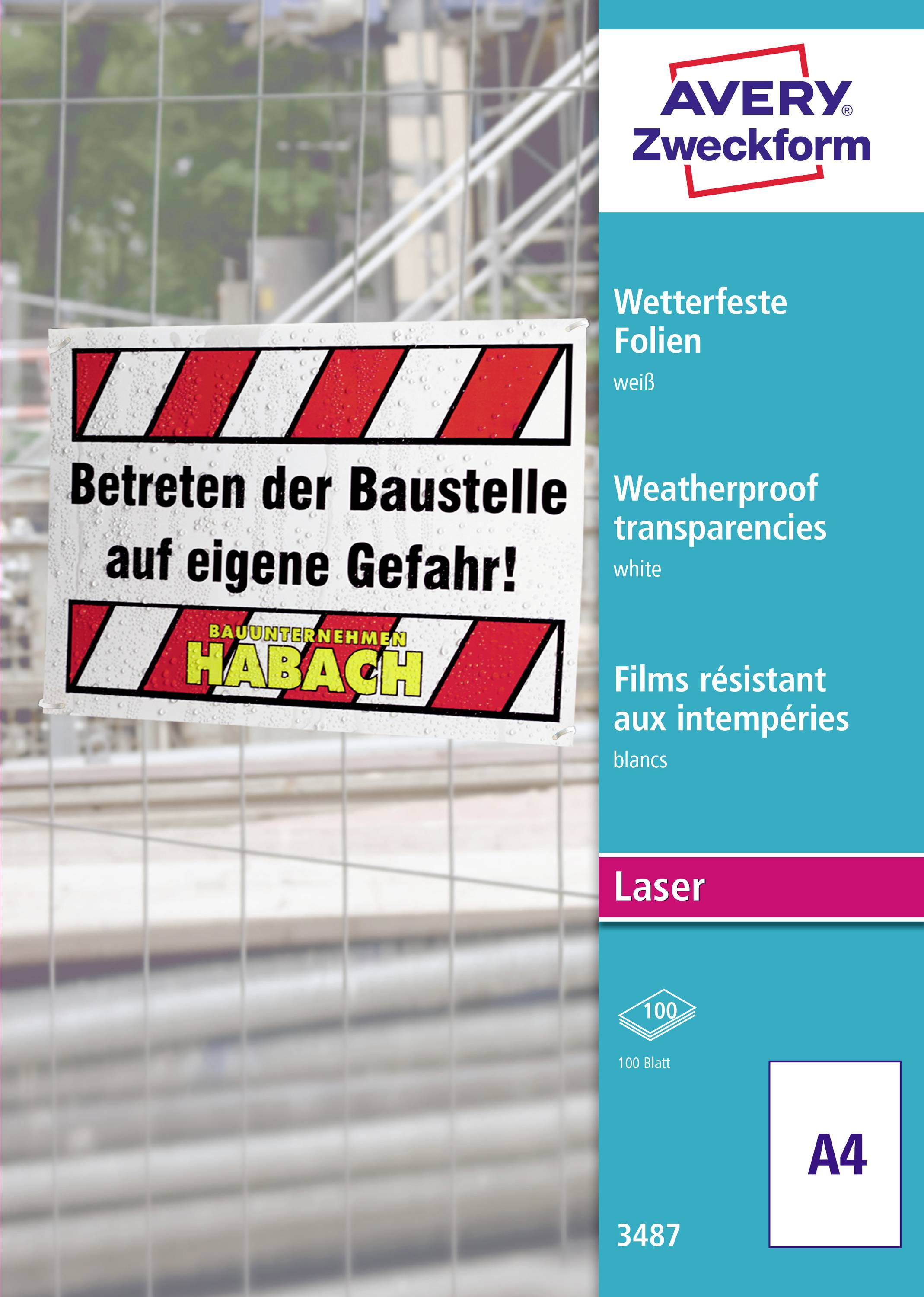 Avery Zweckform A4 weatherproof white laser transparencies for construction-site warning signs, shown with a sample sign reading 'Betreten der Baustelle auf eigene Gefahr!'