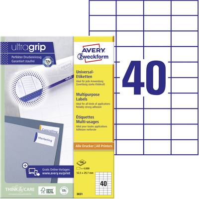Avery-Zweckform 3651 All-purpose labels 52.5 x 29.7 mm Paper White 4000 pc(s) Permanent adhesive Inkjet printer, Laser p