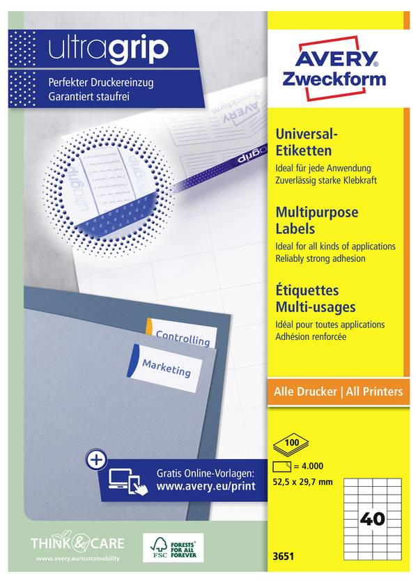 Avery-Zweckform 3651 All-purpose labels 52.5 x 29.7 mm Paper White 4000 pc(s) Permanent adhesive Inkjet printer, Laser printer, Laser, colour, Copier, Colour copier, Manual labeling